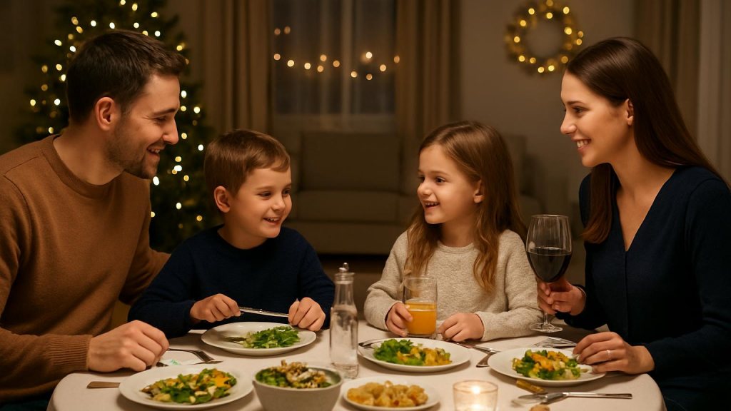 Famiglia con bambini in ambiente accogliente per Capodanno